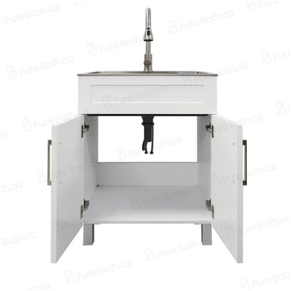 24″ Cabinet with Faucet and Stainless Steel Sink in White, for The Laundry Room and Utility Room(HDF)