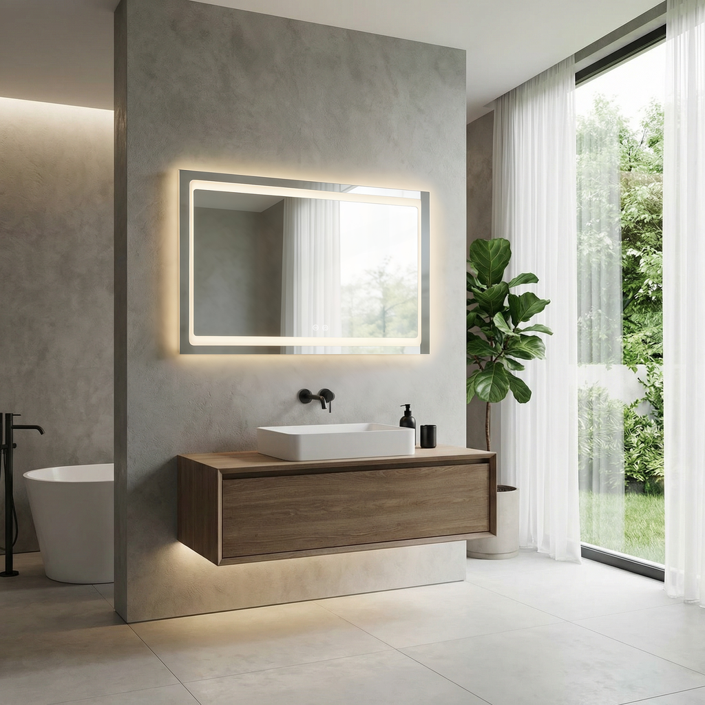 Frameless Rectangle LED Bathroom Mirror – Anti-Fog, Touch Sensor, Wall-Mounted