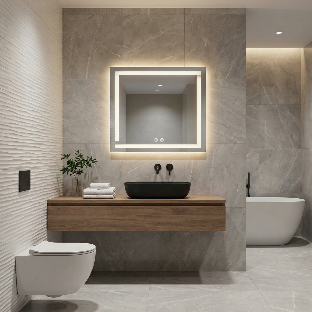 Frameless Rectangle LED Bathroom Mirror – Anti-Fog, Touch Sensor, Wall-Mounted