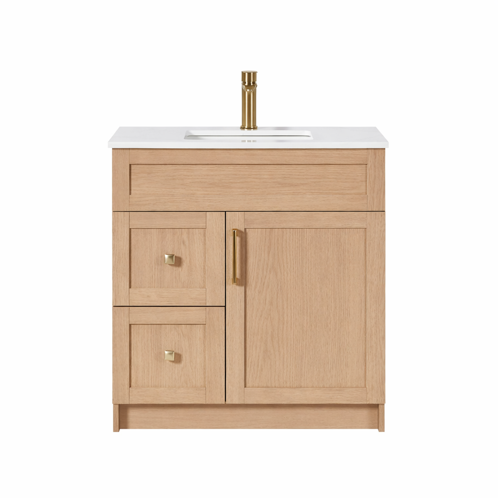 30″ Bathroom Vanity Oak Light (MDF) with Two Side Drawers. Free Standing