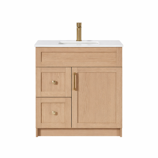 30″ Bathroom Vanity Oak Light (MDF) with Two Side Drawers. Free Standing