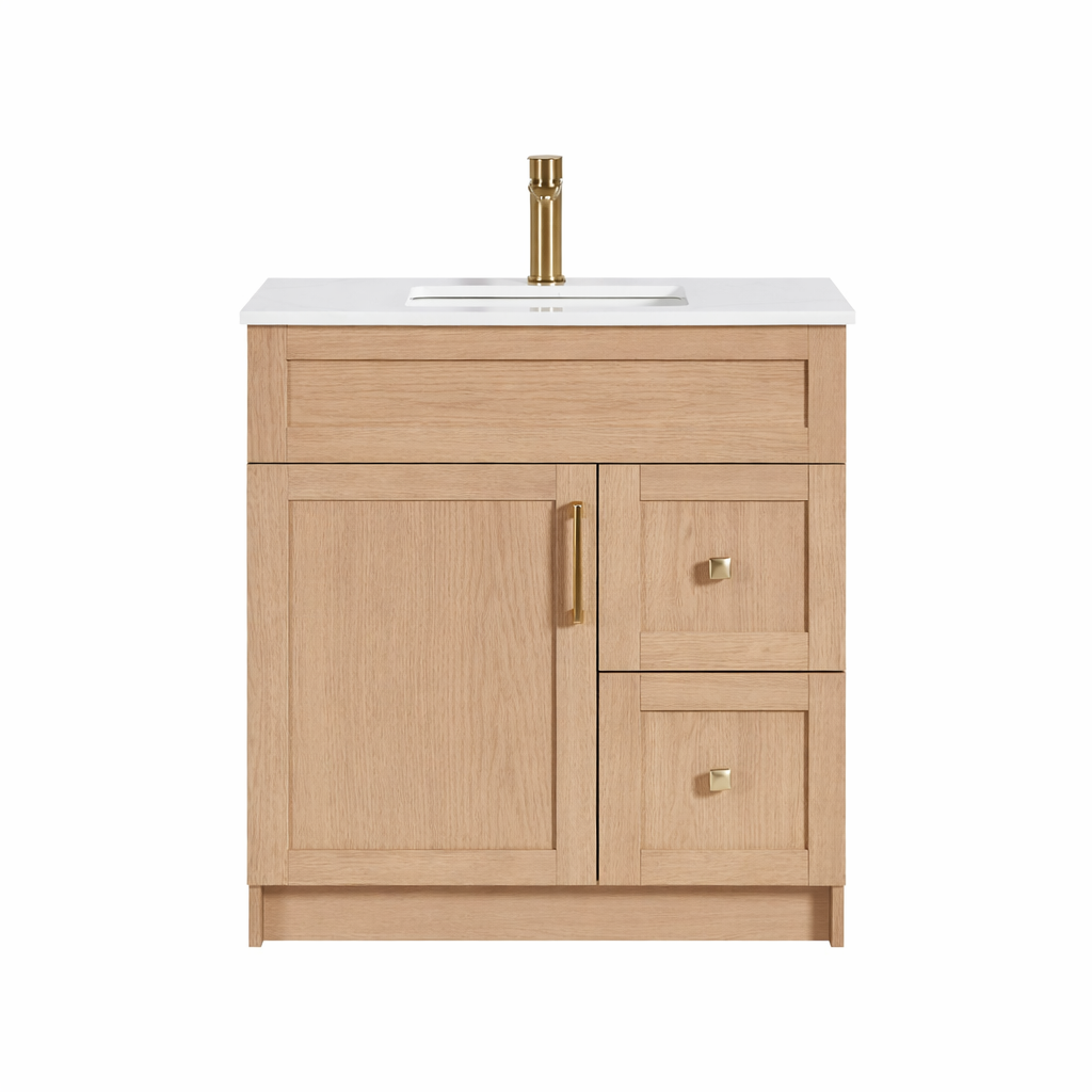 30″ Bathroom Vanity Oak Light (MDF) with Two Side Drawers. Free Standing