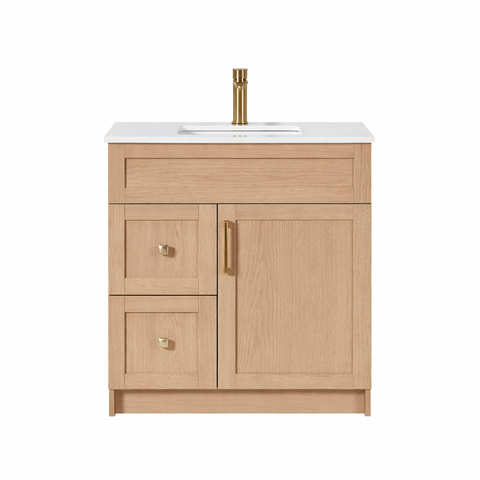 30″ Bathroom Vanity Oak Light (MDF) with Two Side Drawers. Free Standing