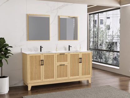 72″ Double Sink Bathroom Vanity (Fluted Oak Plywood) with Two Drawers / Free Standing Bathroom Cabinet