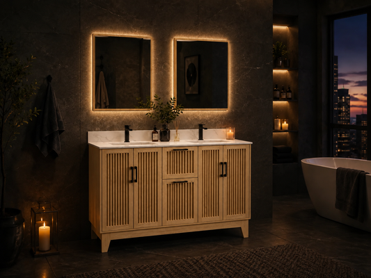 60″ Double Sink Bathroom Vanity (Fluted Oak Plywood) with Two Drawers / Free Standing Bathroom Cabinet