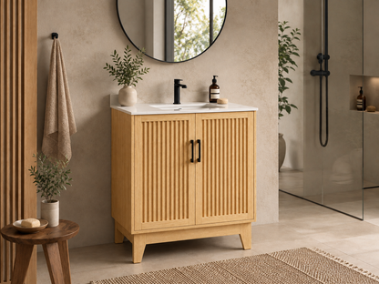 30″ Bathroom Vanity (Fluted Oak Plywood). Double Doors. Free Standing Bathroom Cabinet