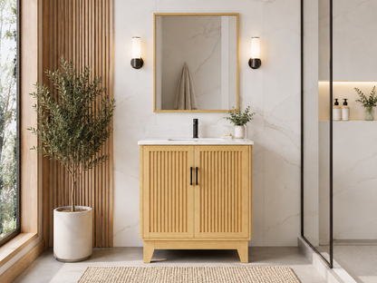 30″ Bathroom Vanity (Fluted Oak Plywood). Double Doors. Free Standing Bathroom Cabinet