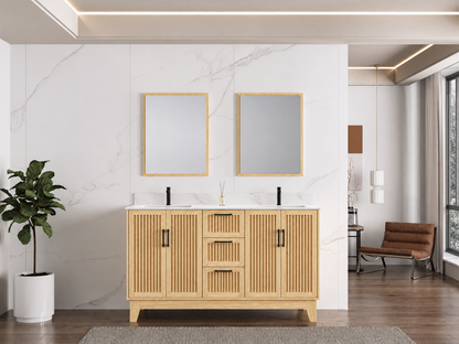 60″ Double Sink Bathroom Vanity (Fluted Oak Plywood) with Two Drawers / Free Standing Bathroom Cabinet