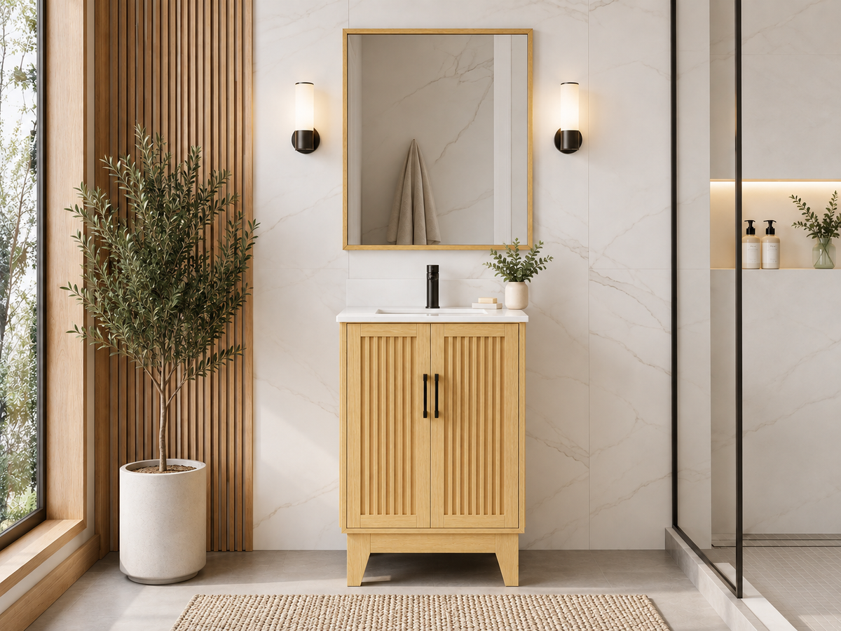 24″ Bathroom Vanity (Fluted Oak Plywood). Double Doors. Free Standing Bathroom Cabinet