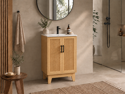 24″ Bathroom Vanity (Fluted Oak Plywood). Double Doors. Free Standing Bathroom Cabinet