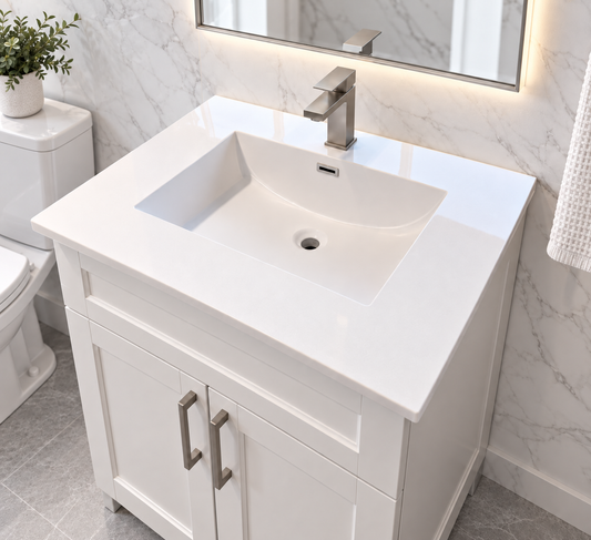 25 inch pure white quartz composite countertop with single integrated sink, bathroom vanity display