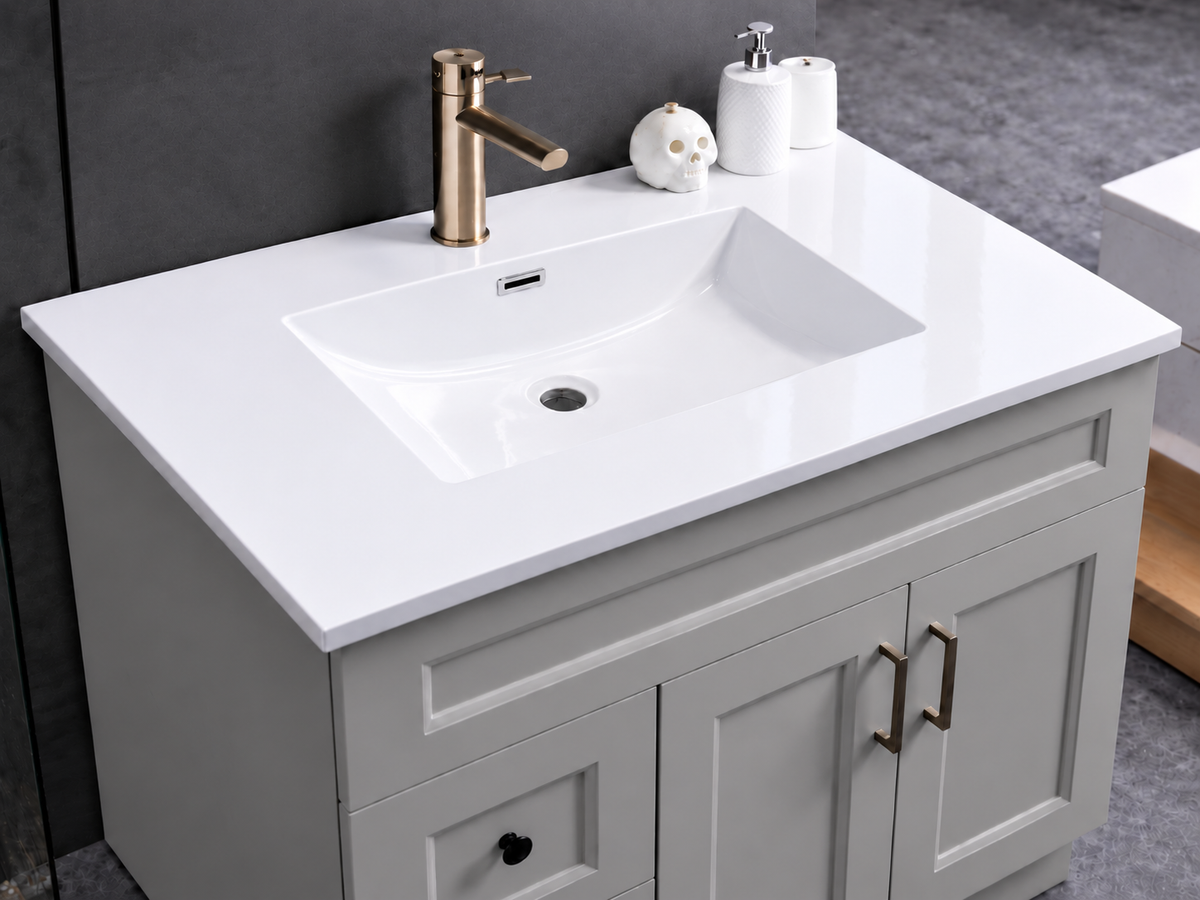 37 inch pure white quartz composite countertop with single integrated sink, bathroom vanity display